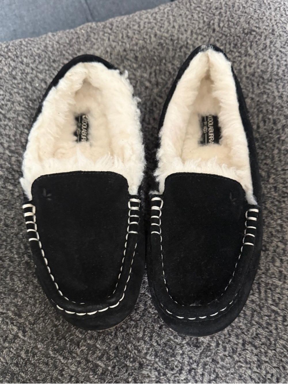 Koolaburra Black Suede Moccasin Slippers with Cream Shearling Lining